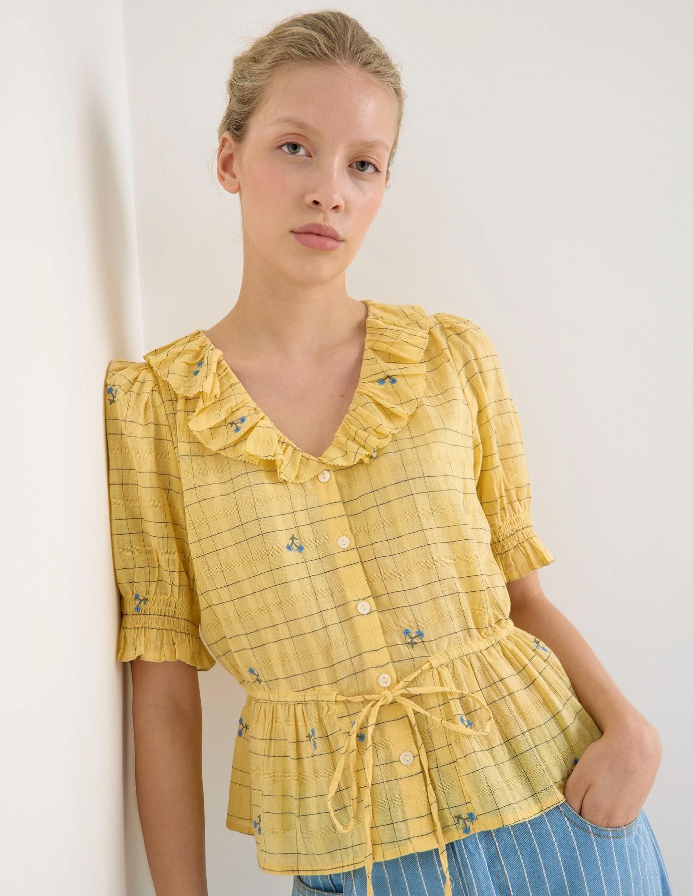 Yellow Floral Check Tie Waist Blouse