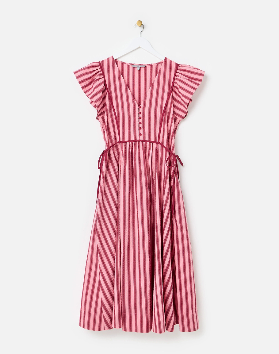 Burgundy & Pink Striped Tie Waist Midi Dress