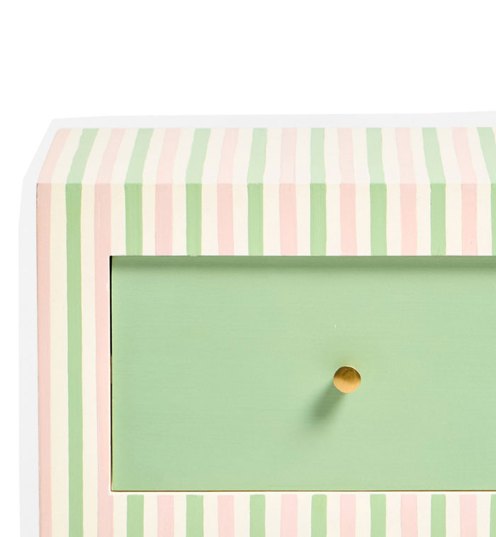 Pink & Green Striped Wooden Bedside Table