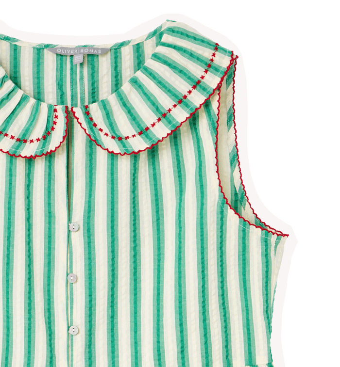 Green & Cream Striped Seersucker Collar Sleeveless Blouse