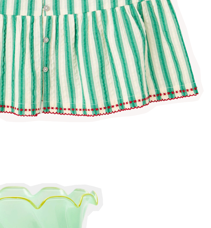 Green & Cream Striped Seersucker Collar Sleeveless Blouse