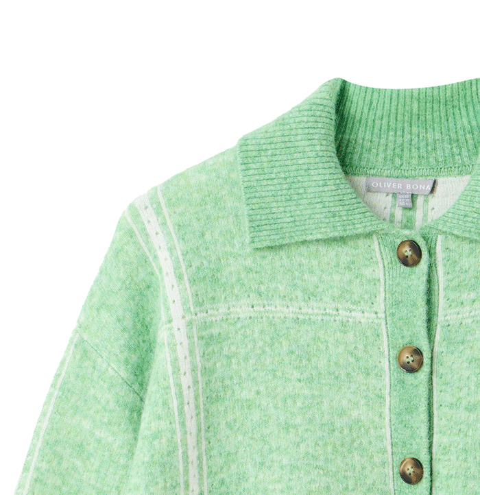 Green Checked Strawberry Embroidered Knitted Cardigan