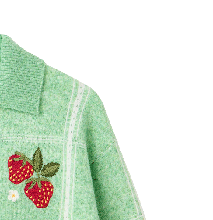 Green Checked Strawberry Embroidered Knitted Cardigan