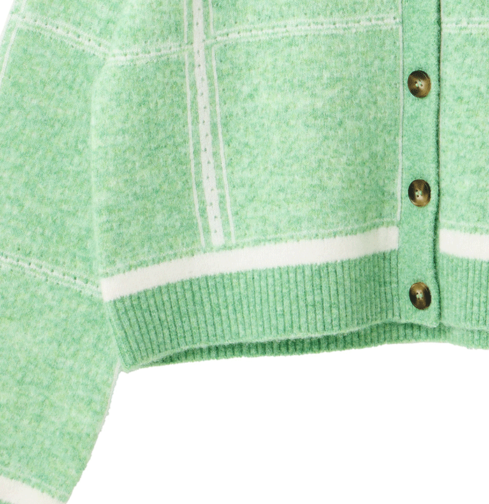 Green Checked Strawberry Embroidered Knitted Cardigan