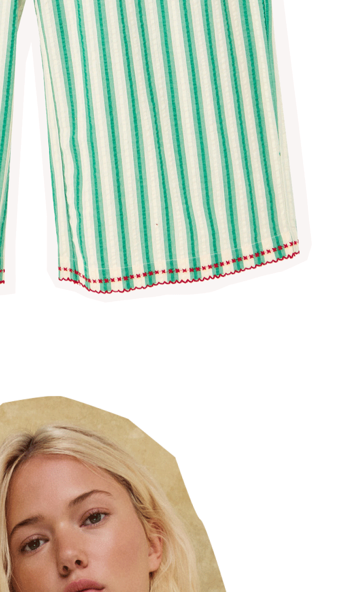 Green & Cream Striped Embroidered Hem Cropped Wide Leg Trousers
