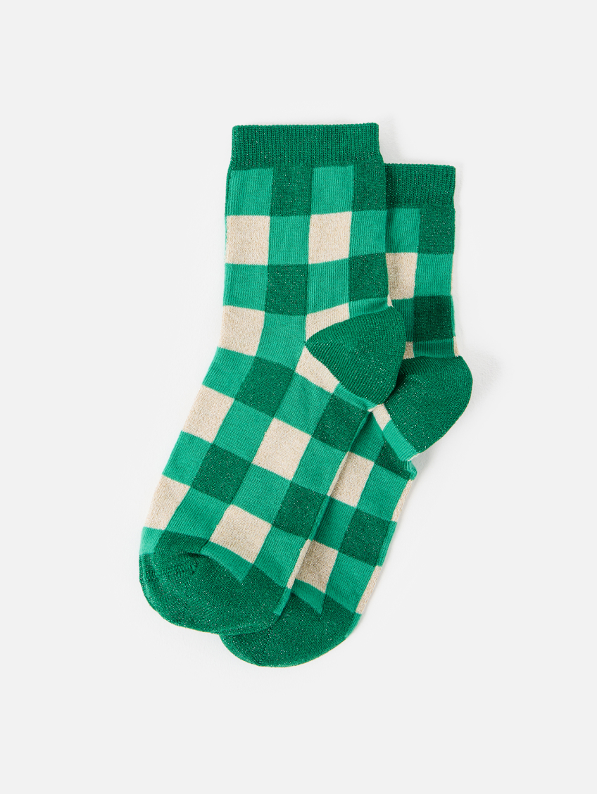 Green & Gold Glitter Chequerboard Ankle Socks