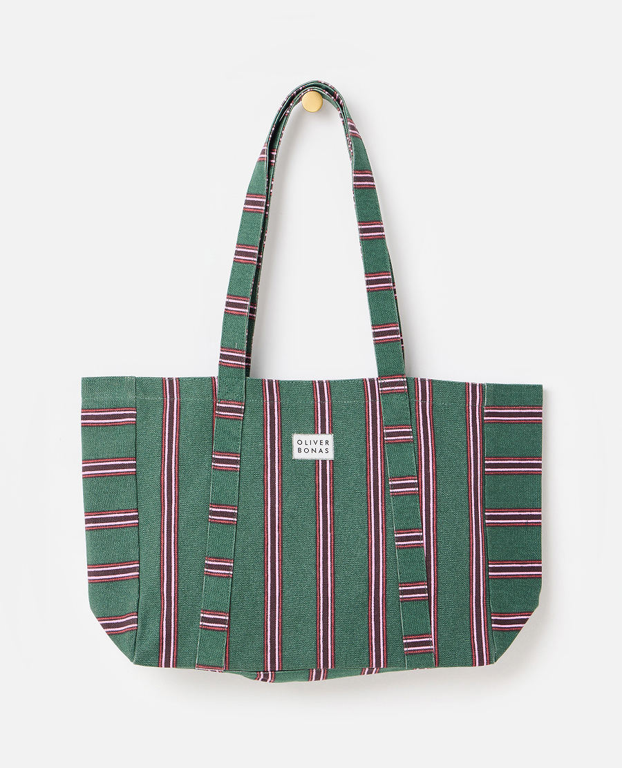 Green & Brown Striped Logo Fabric Tote Shopper Bag