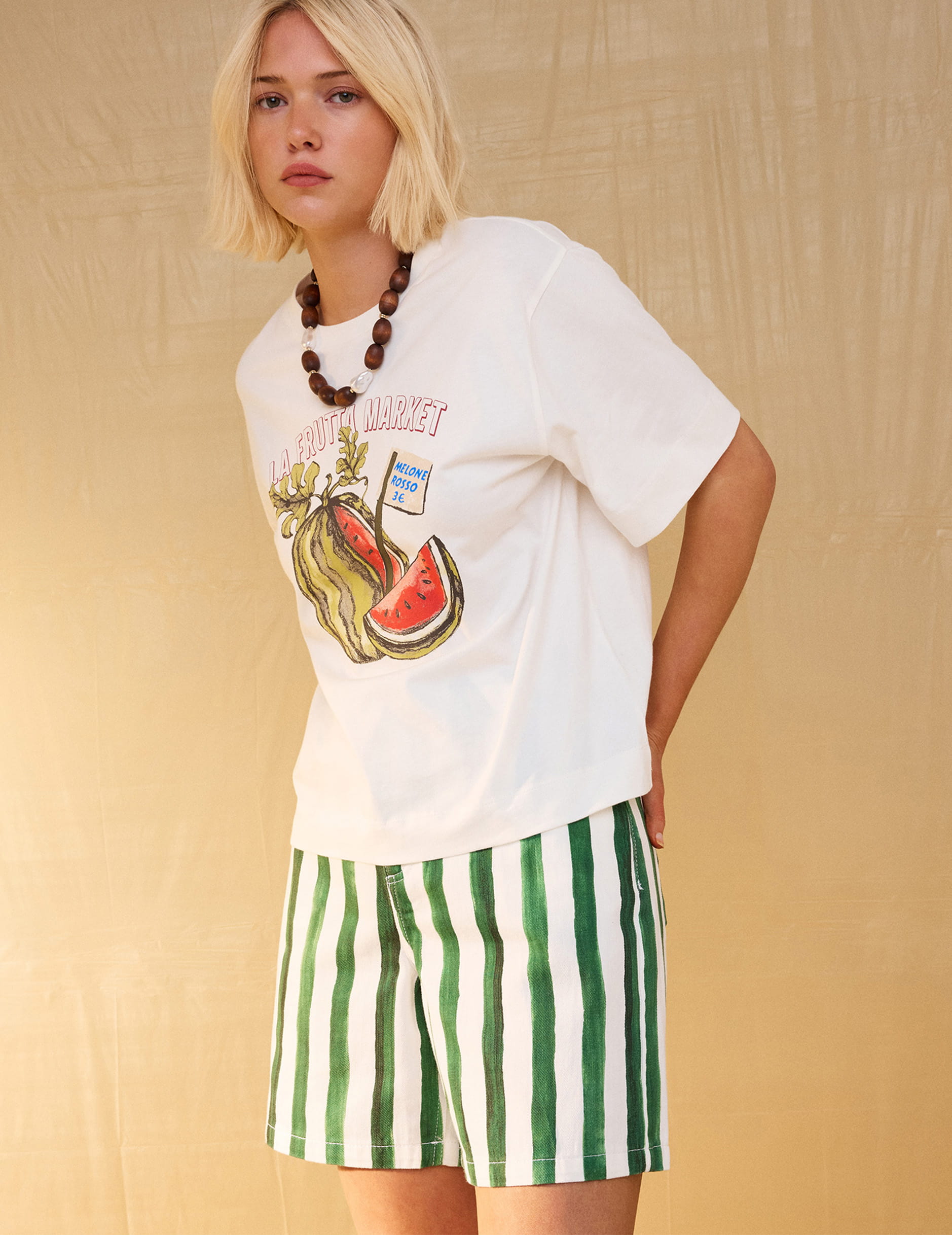 Green & White Striped Denim Shorts