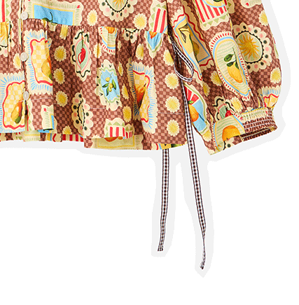 Brown Postcard Print V-Neck Button Up Blouse
