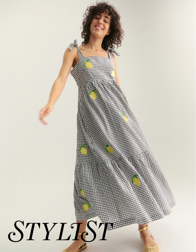 Black Gingham Lemon Embroidered Cotton Midi Dress
