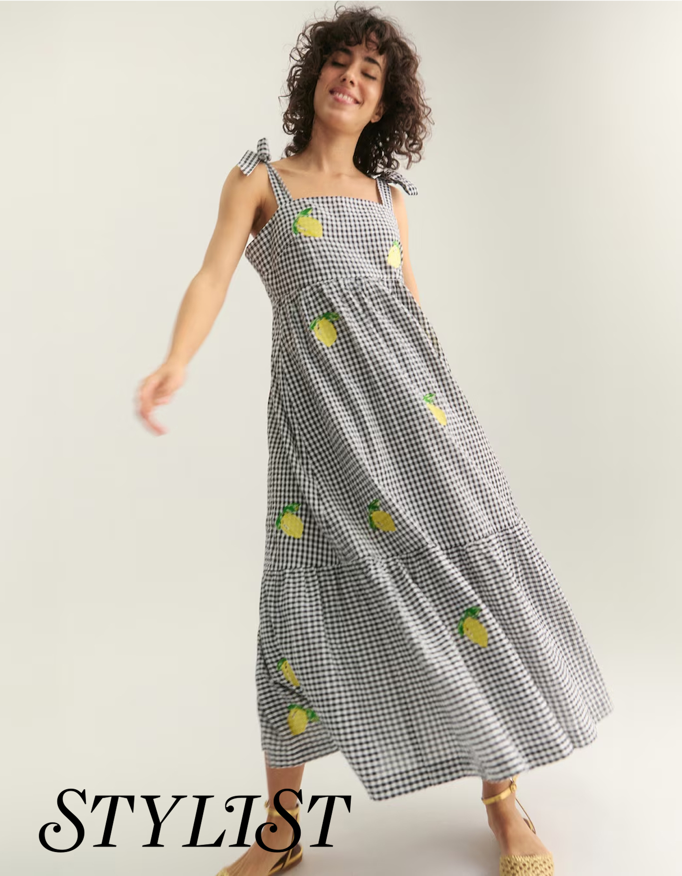 Black Gingham Lemon Embroidered Cotton Midi Dress