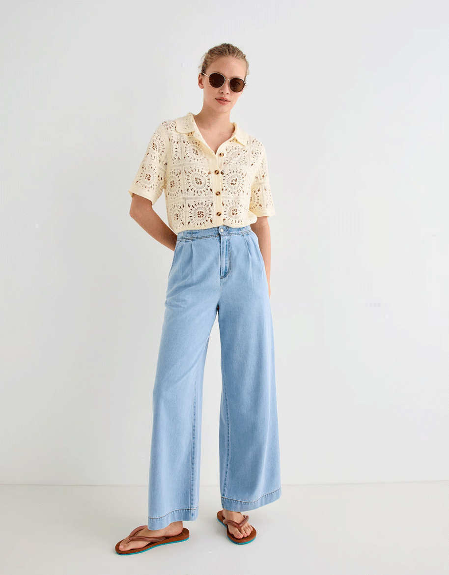 Light Blue Chambray Wide Leg Trousers