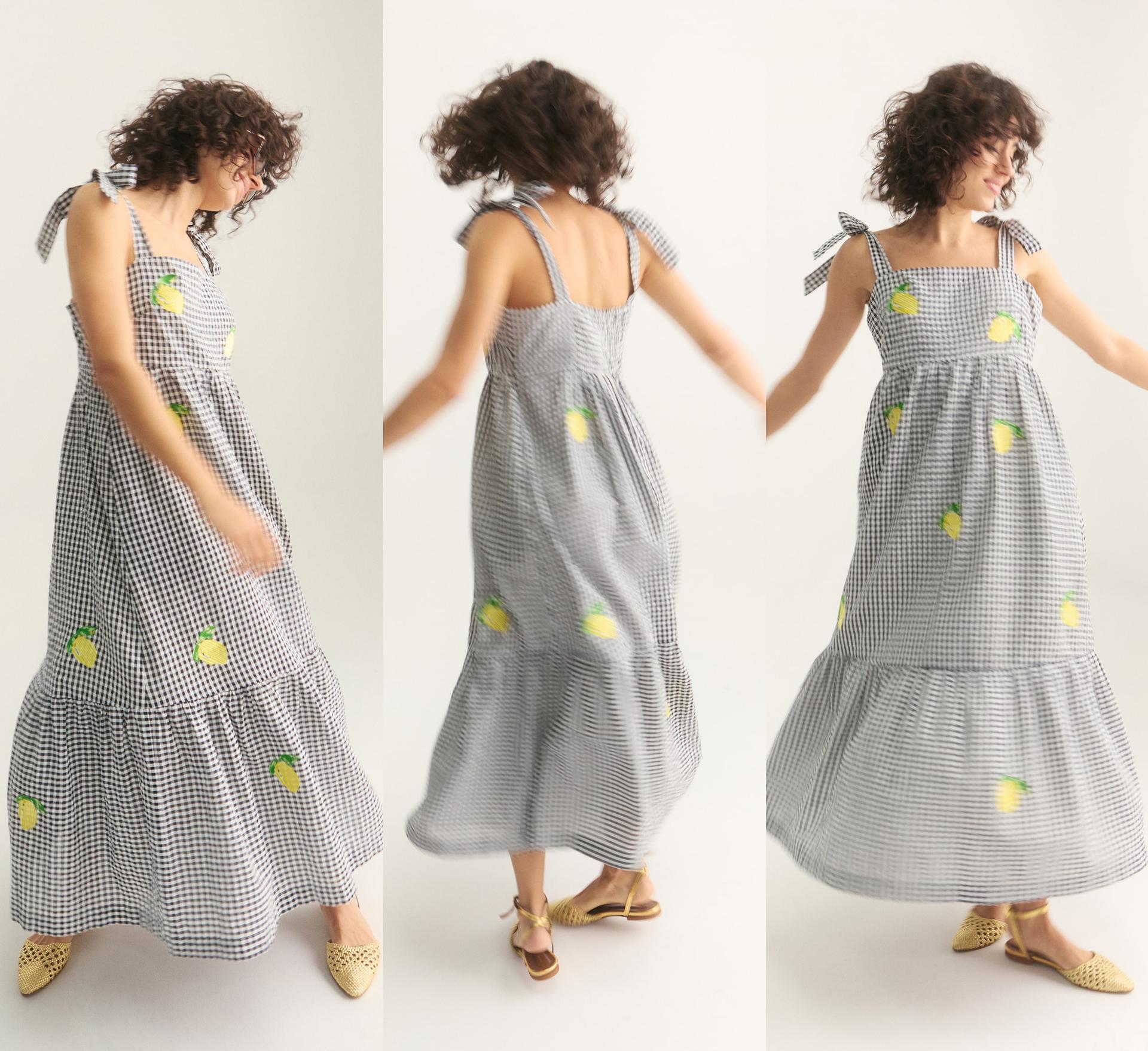 Black Gingham Lemon Embroidered Tiered Midi Dress