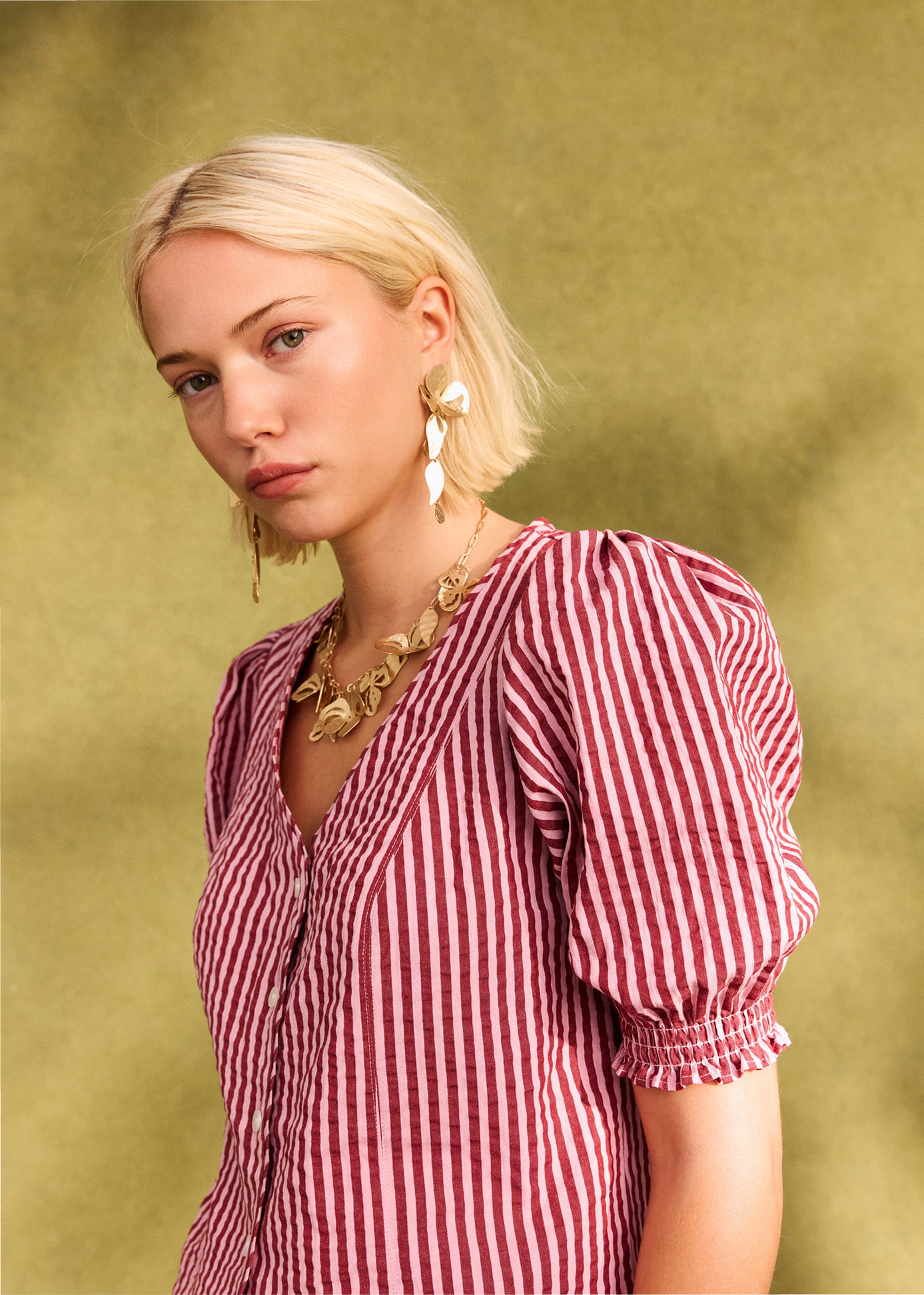 Pink & Burgundy Striped Seersucker Puff Sleeve Blouse