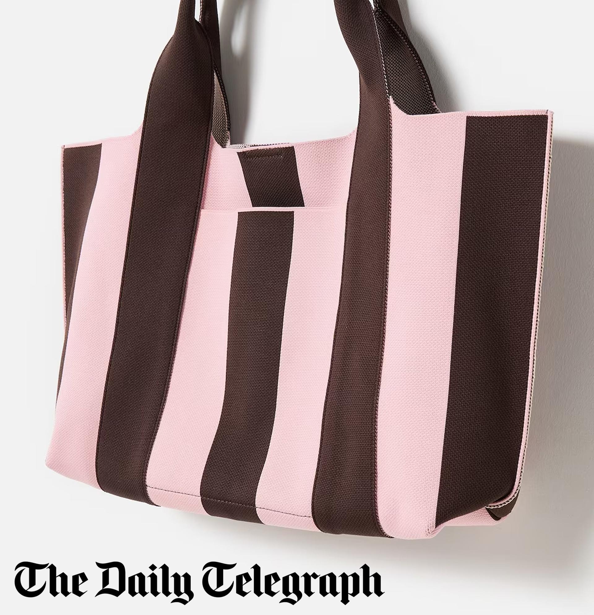 Chocolate Brown & Pink Striped Knitted Tote Bag