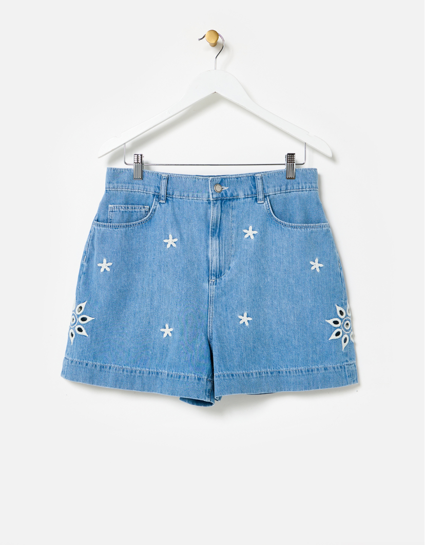 Blue Chambray Embroidered Shorts