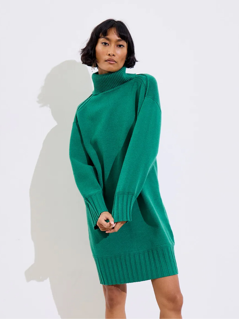 Forest Green Roll Neck Knitted Jumper Dress