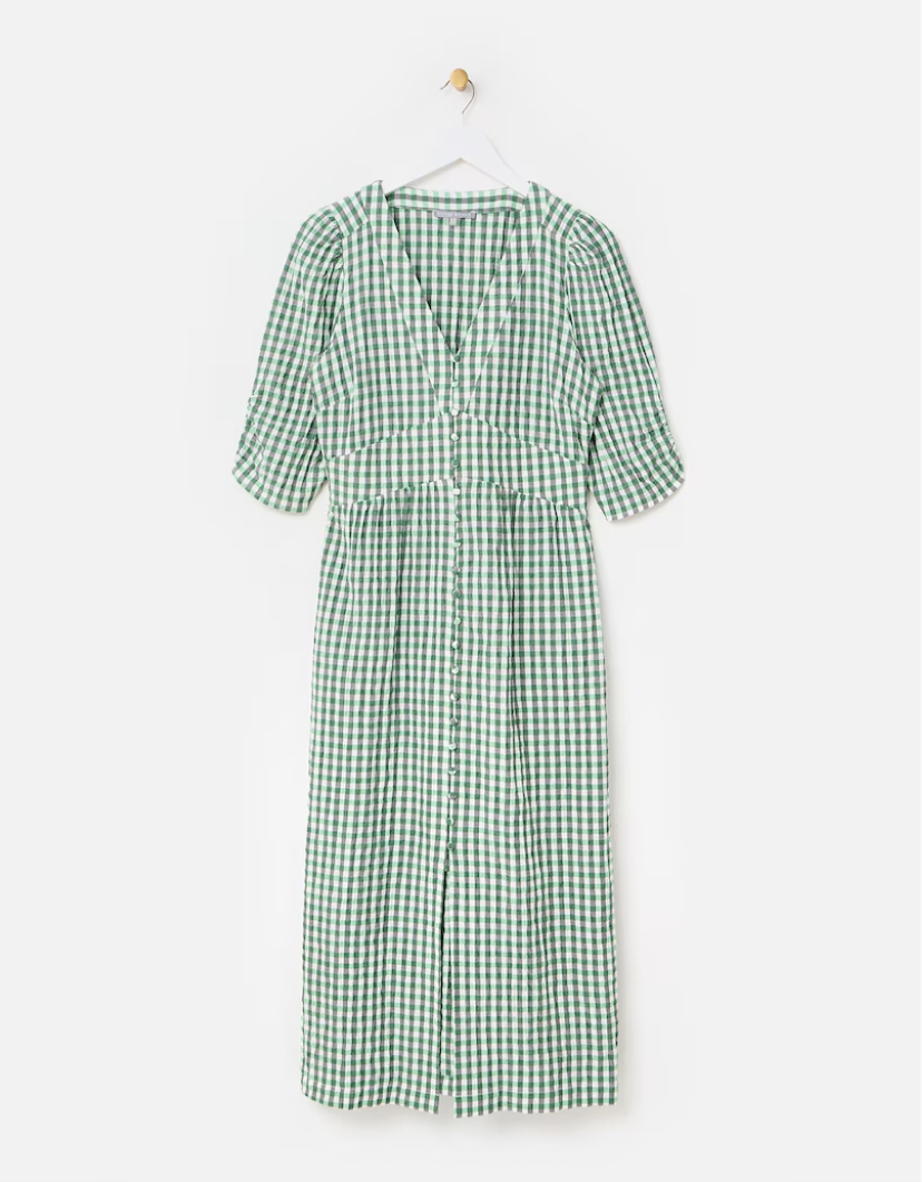 Green Gingham V-Neck Midi Dress