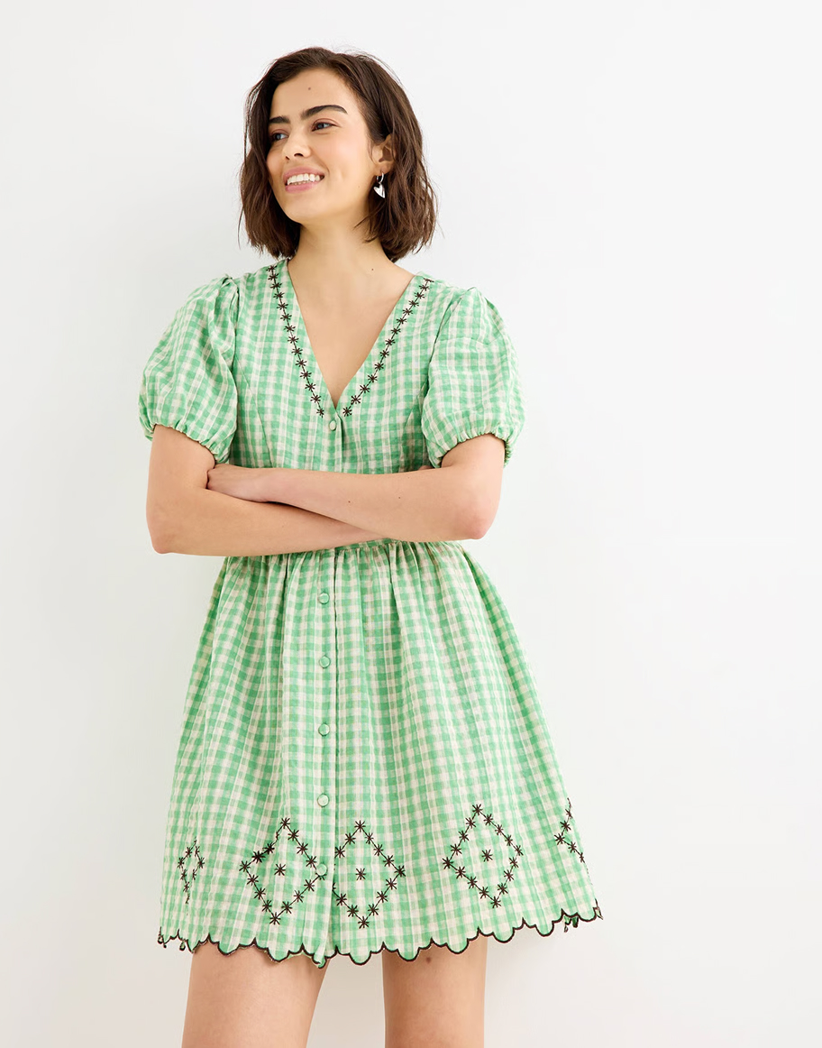 Green & Cream Gingham Embroidered V-Neck Mini Dress
