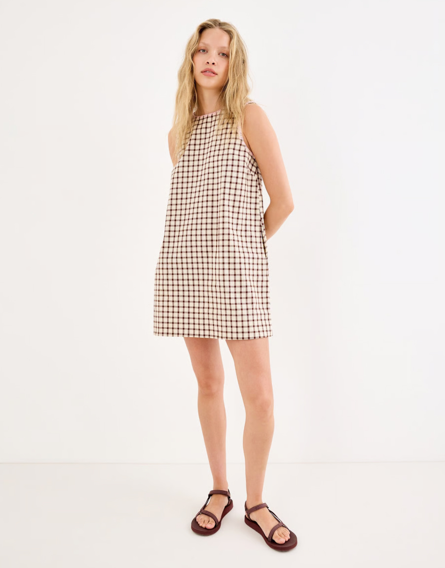 Chocolate Brown & Ecru Gingham Cotton Mini Shift Dress