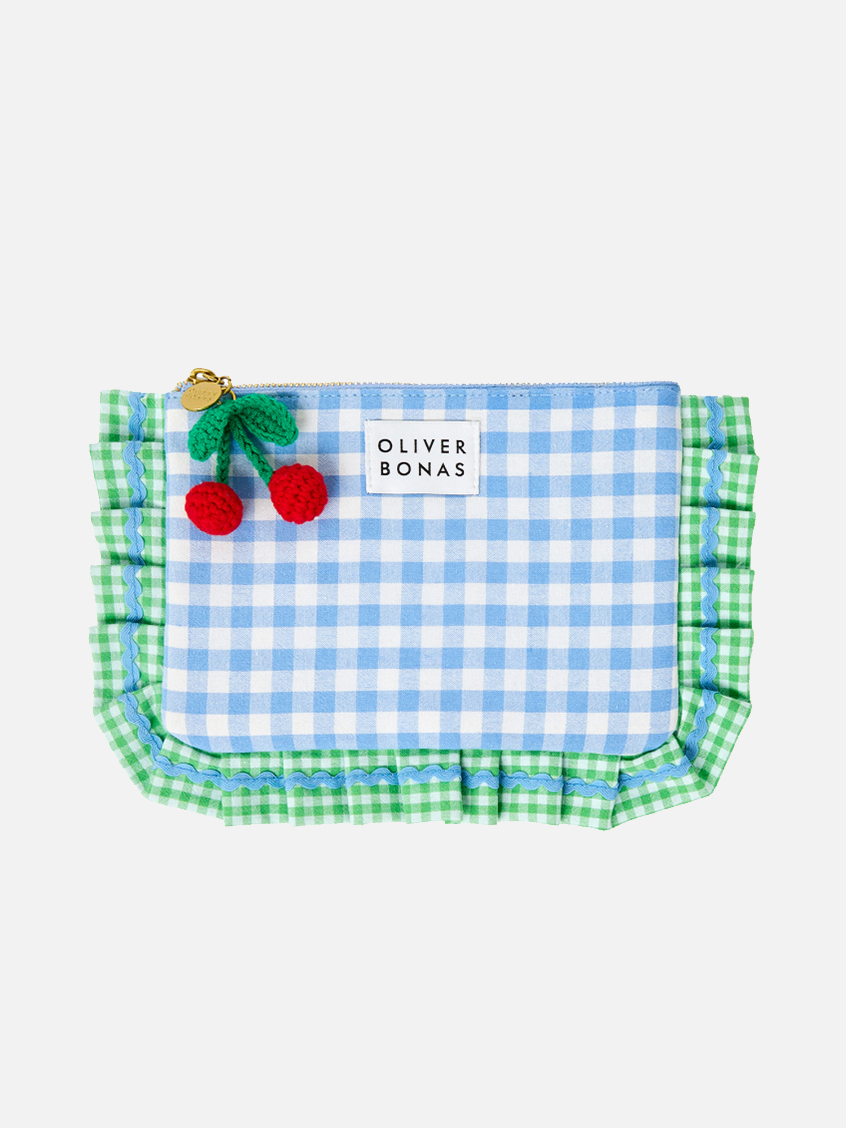 Blue & Green Gingham Ruffle Zipped Pouch