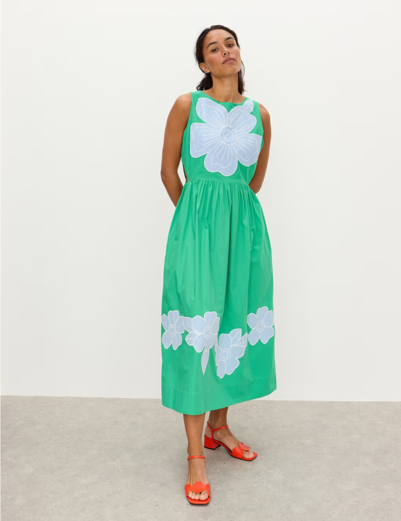 Green & Blue Floral Cut-Out Sleeveless Cotton Midi Dress