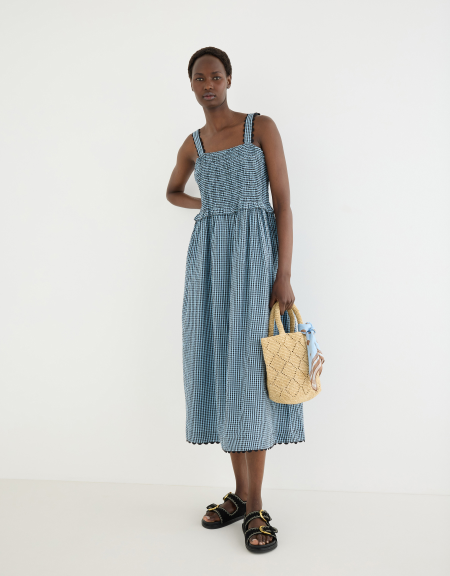 Blue & Black Gingham Strappy Cotton Midi Dress