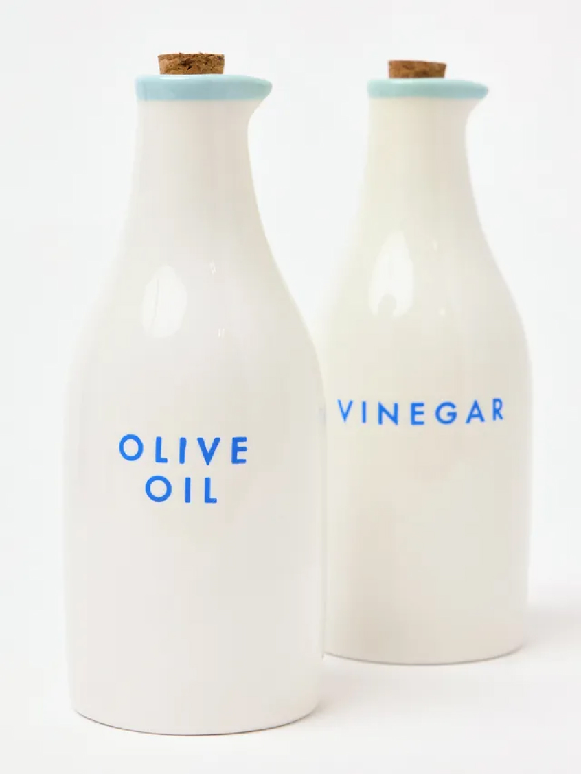 White Ceramic Olive Oil & Vinegar Bottles Set of Two