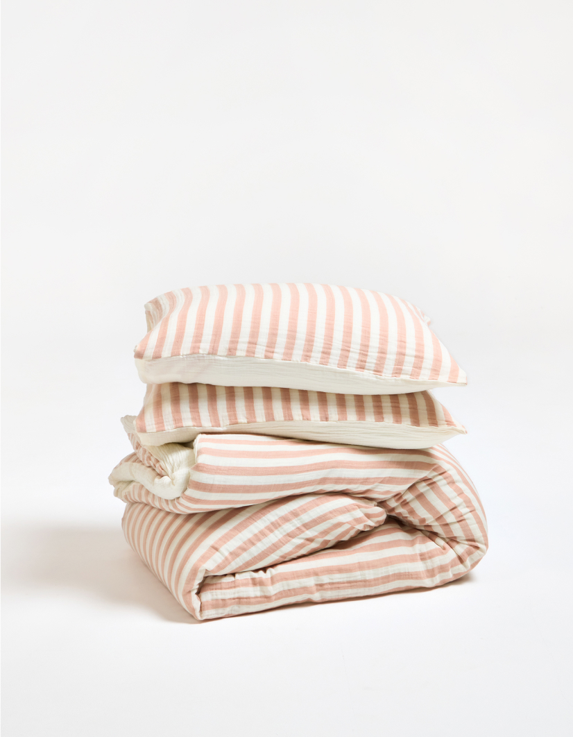 Pink Muslin Striped Duvet Cover Set King