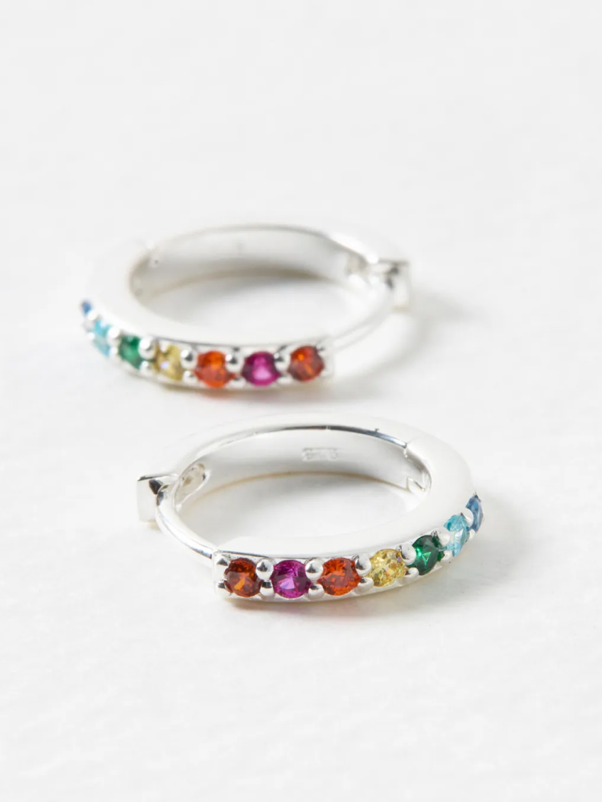 Rainbow Gem Inlay Silver Huggie Earrings