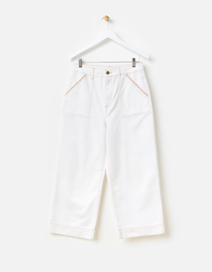 White Denim Scallop Stitch Cropped Wide Leg Jeans