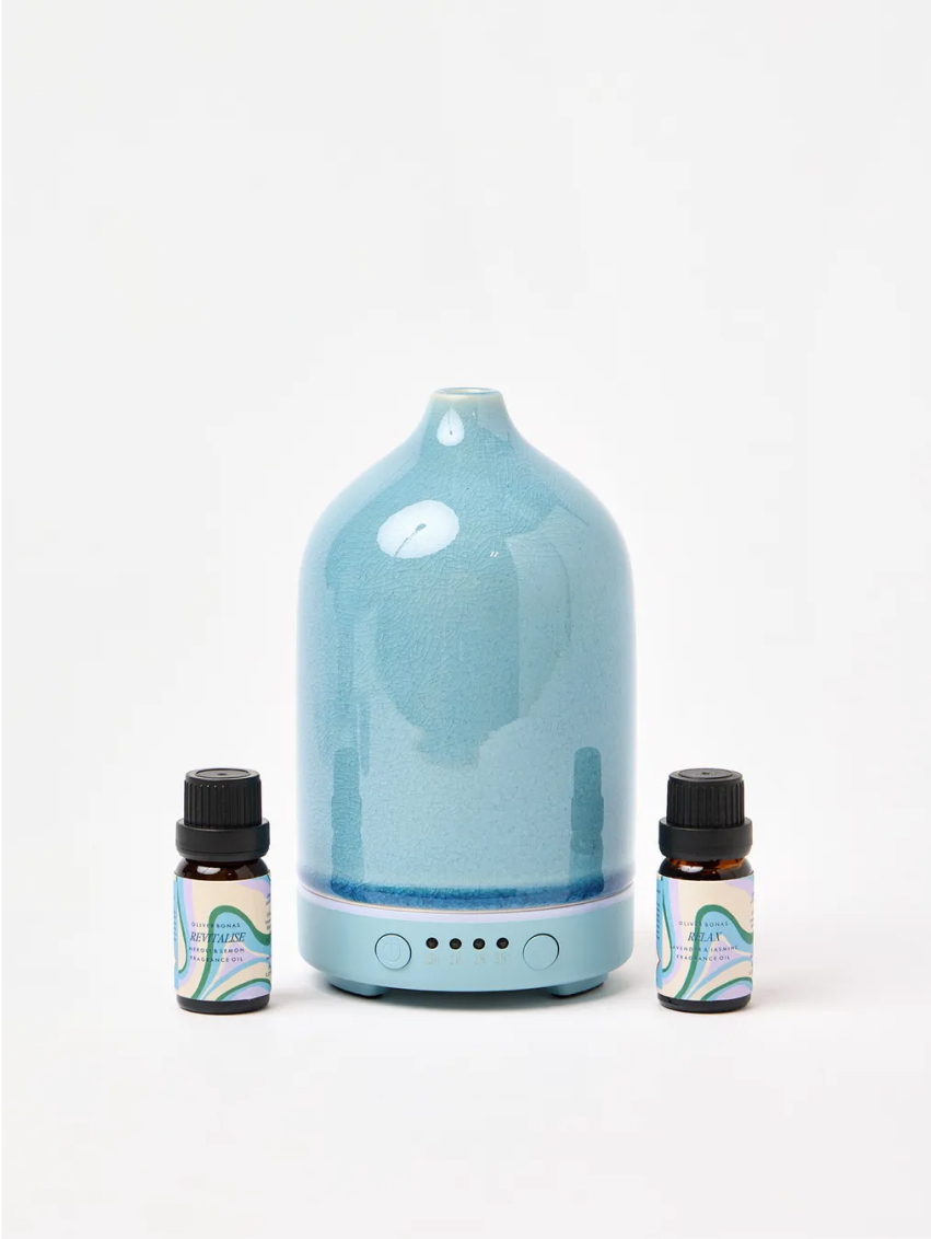 Unwind Blue Ceramic Electric Aroma Diffuser & Fragrance Oil Gift Set