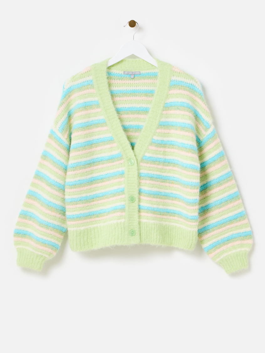 Green & Blue Striped Fluffy Knitted Cardigan