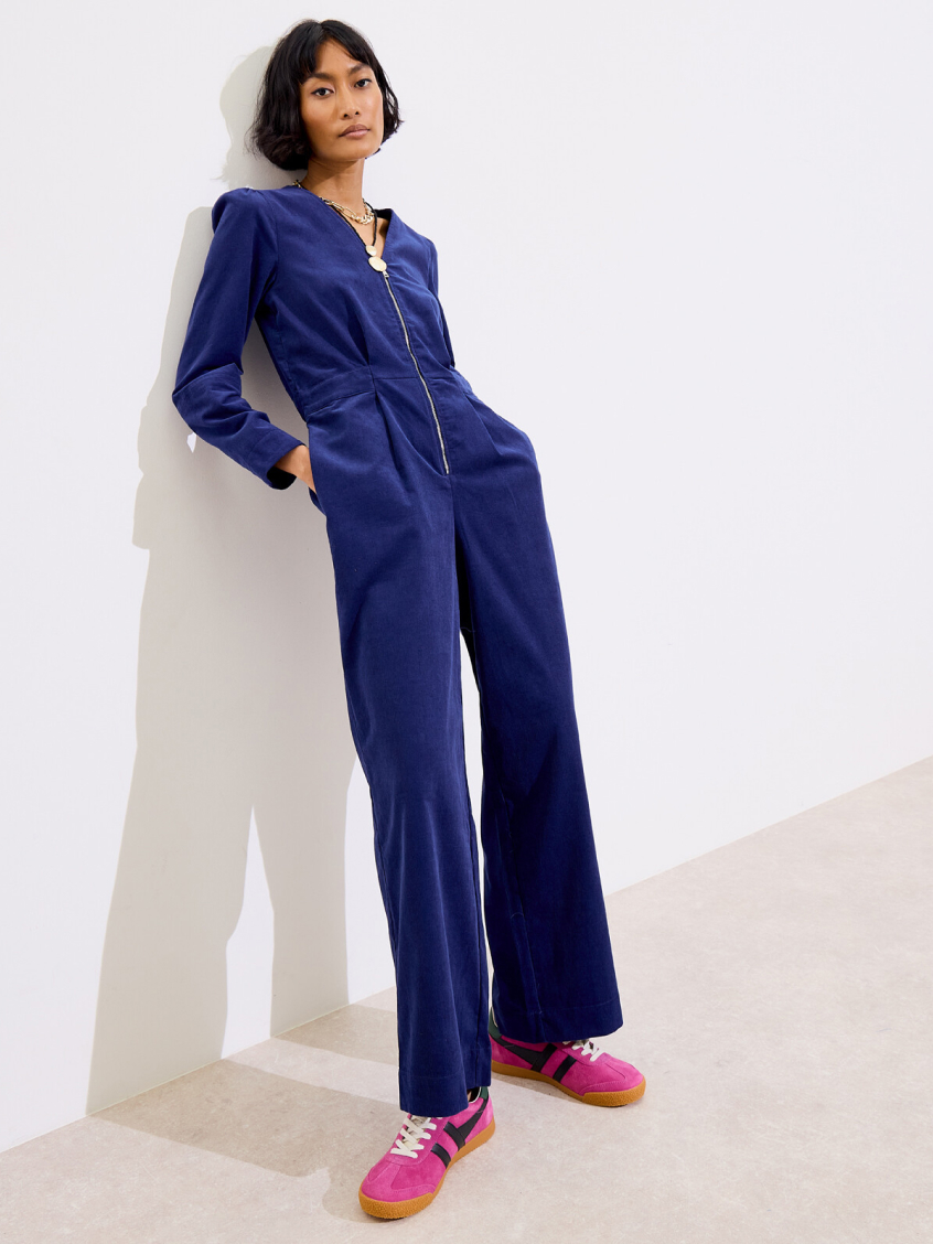 Navy Blue Corduroy Zip Through Jumpsuit