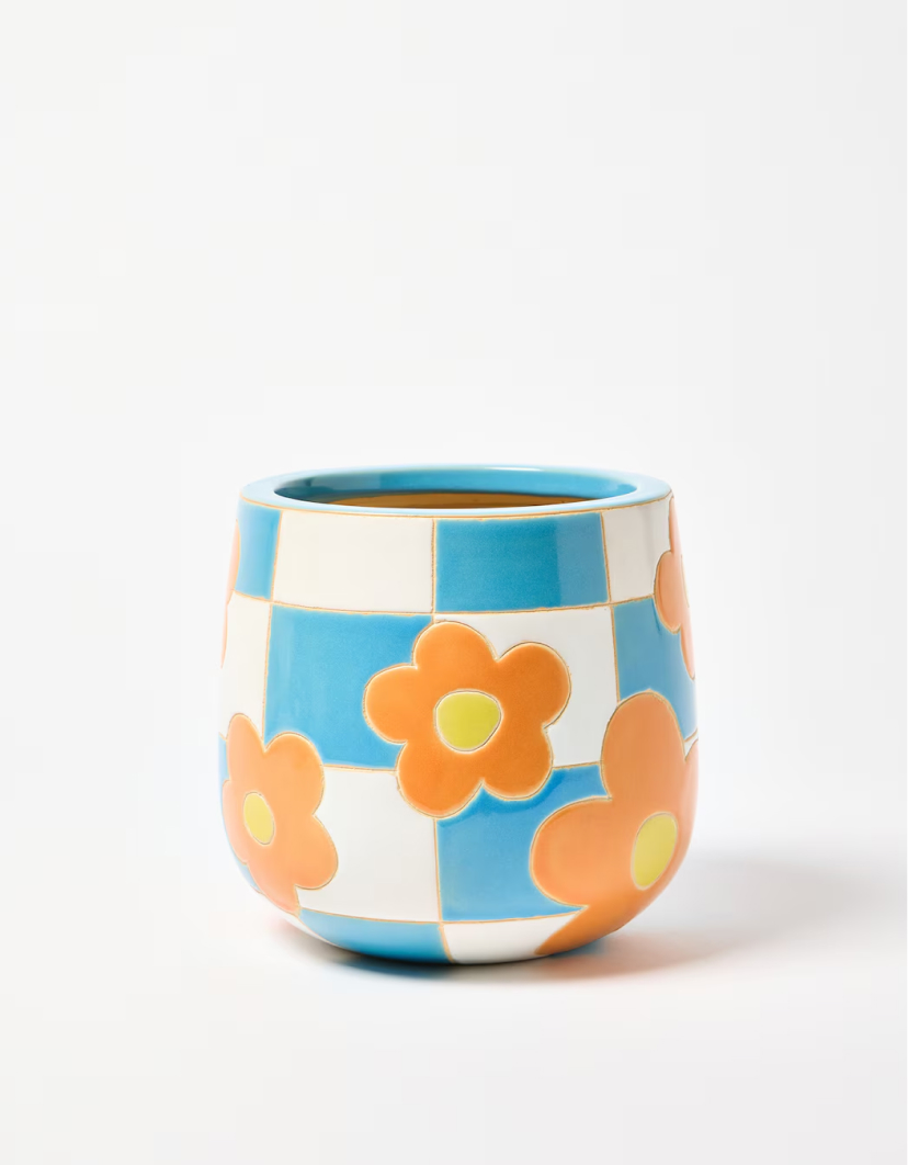 Daisy Chequerboard Blue Ceramic Plant Pot Medium