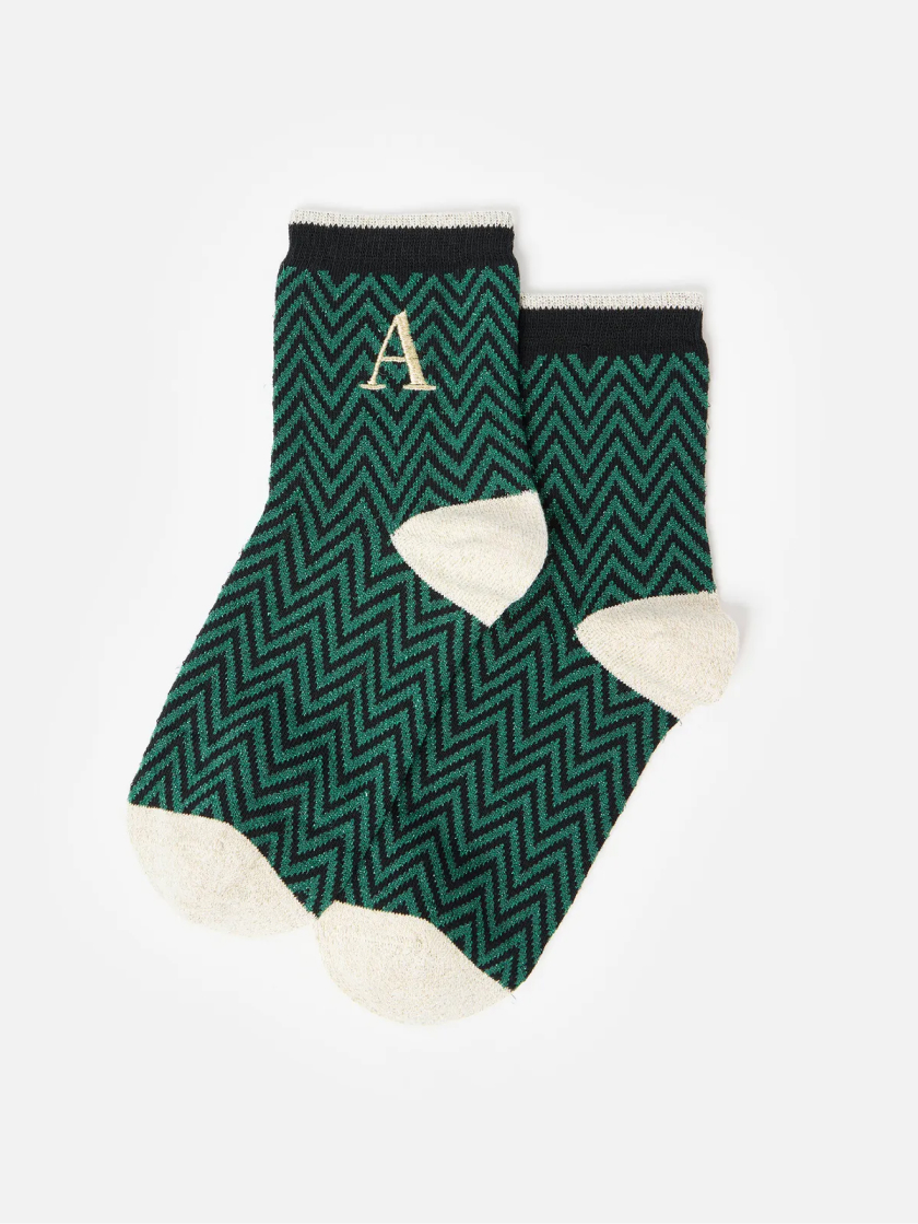 Green & Black Alphabet Zig Zag Initial Ankle Socks