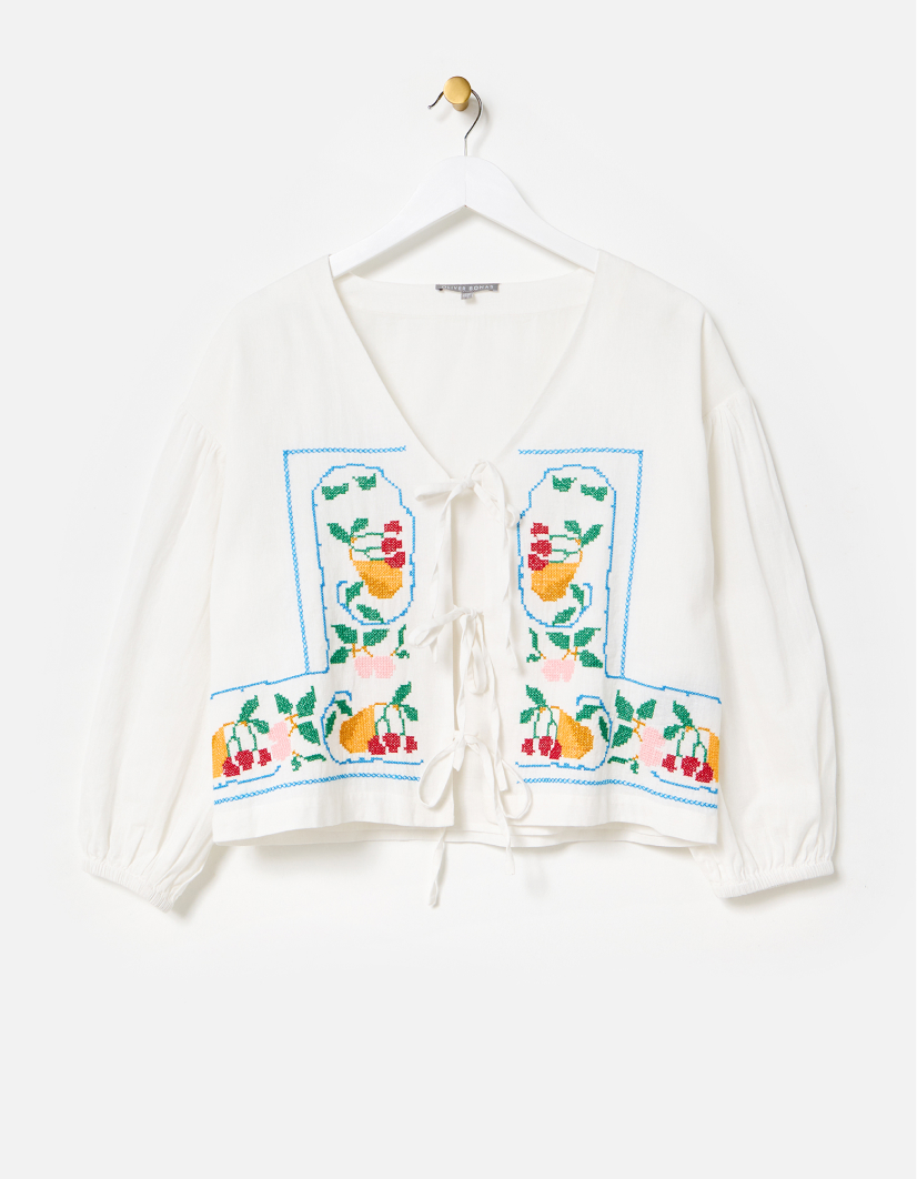 White Cross Stitch V-Neck Tie Front Blouse