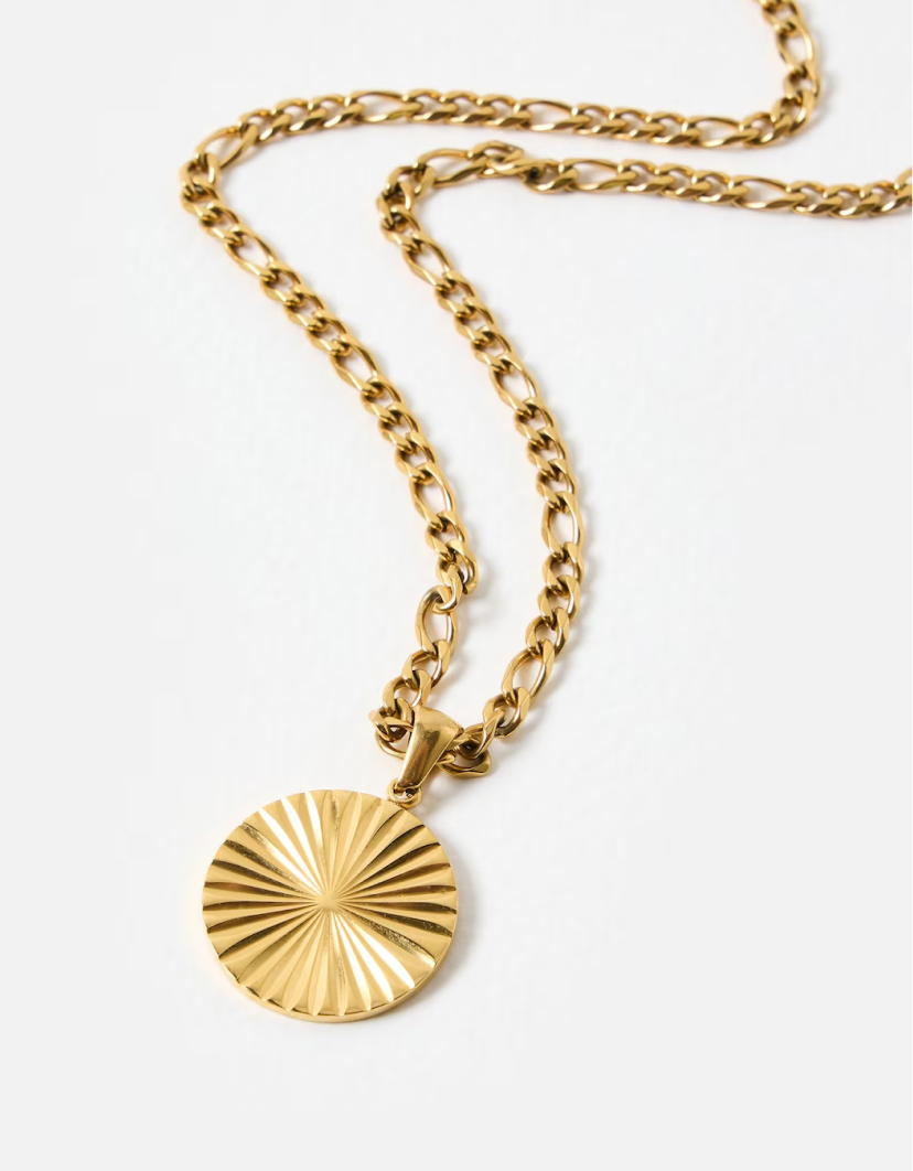 Maya Gold Tone Stainless Steel Waterproof Etched Disc Pendant Necklace