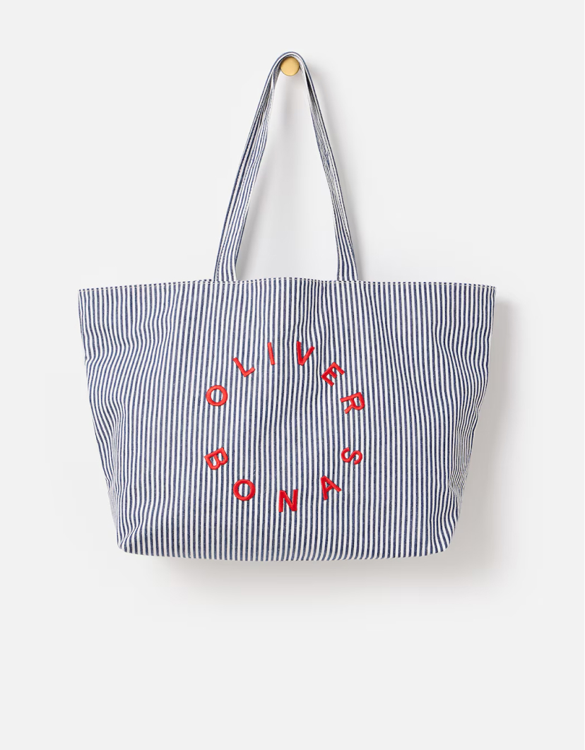 Denim Blue Striped Logo Fabric Tote Shopper Bag