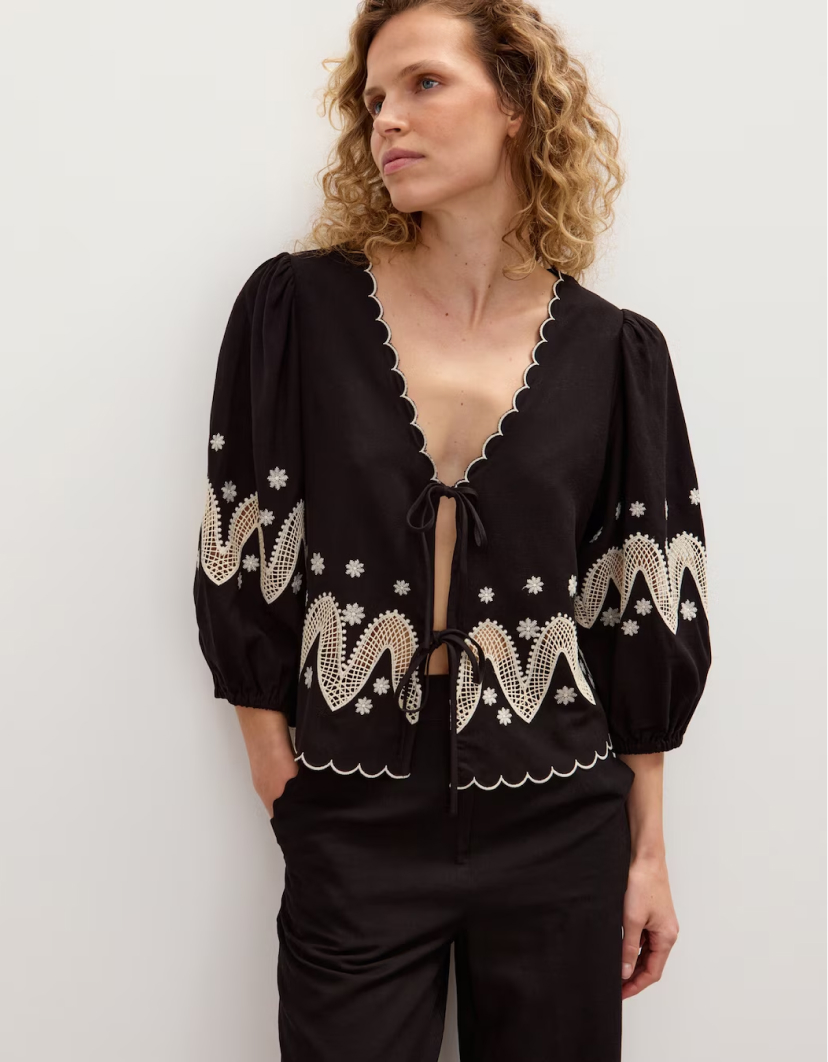 Black & Cream Cutwork Embroidered Tie Front Blouse