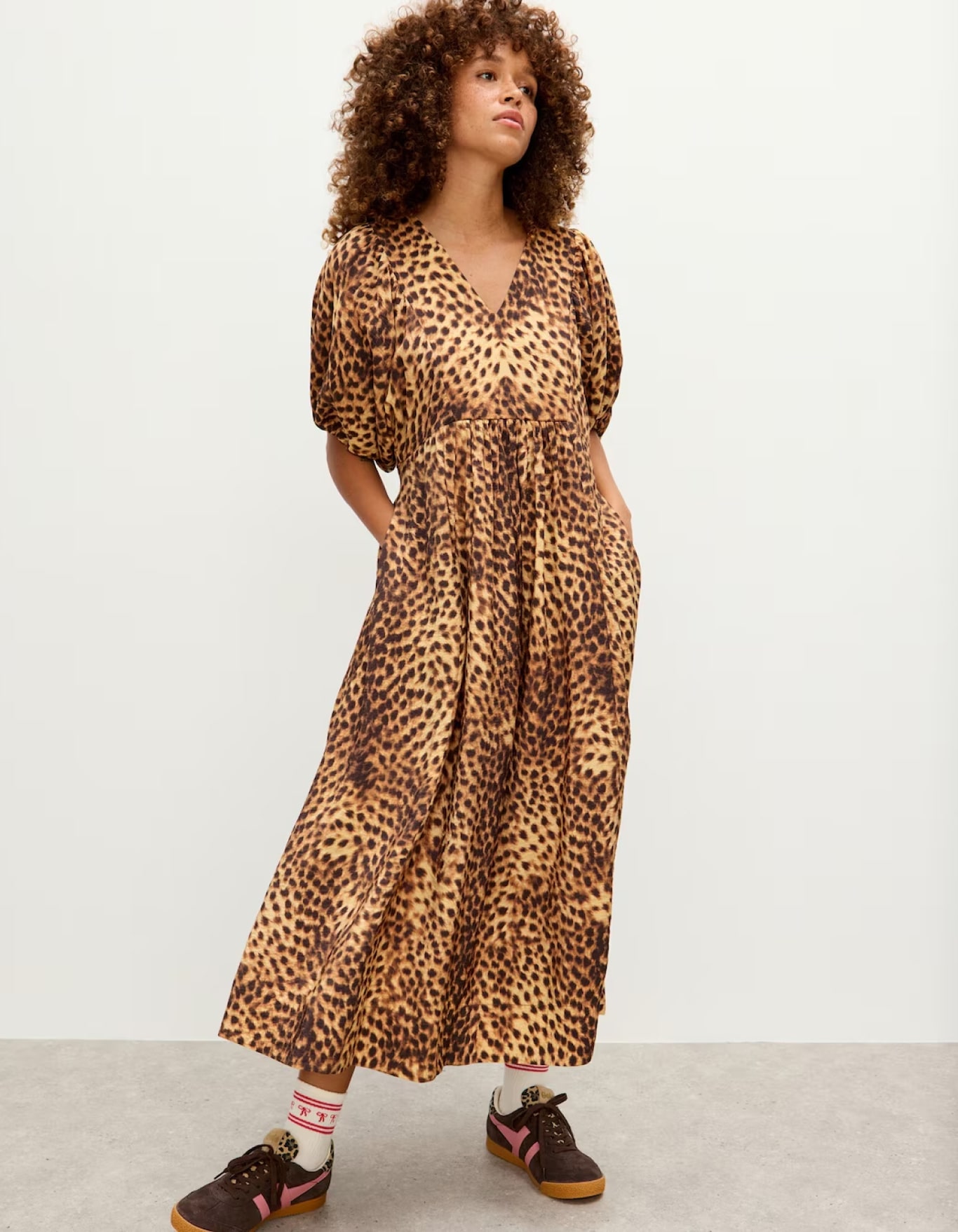Brown Animal Print V-Neck Midi Dress