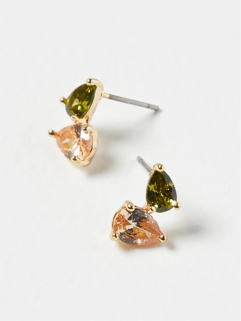 Esme Teardrop Amber & Green Stone Stud Earrings