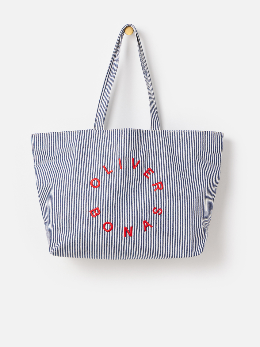 Denim Blue Striped Logo Fabric Tote Shopper Bag