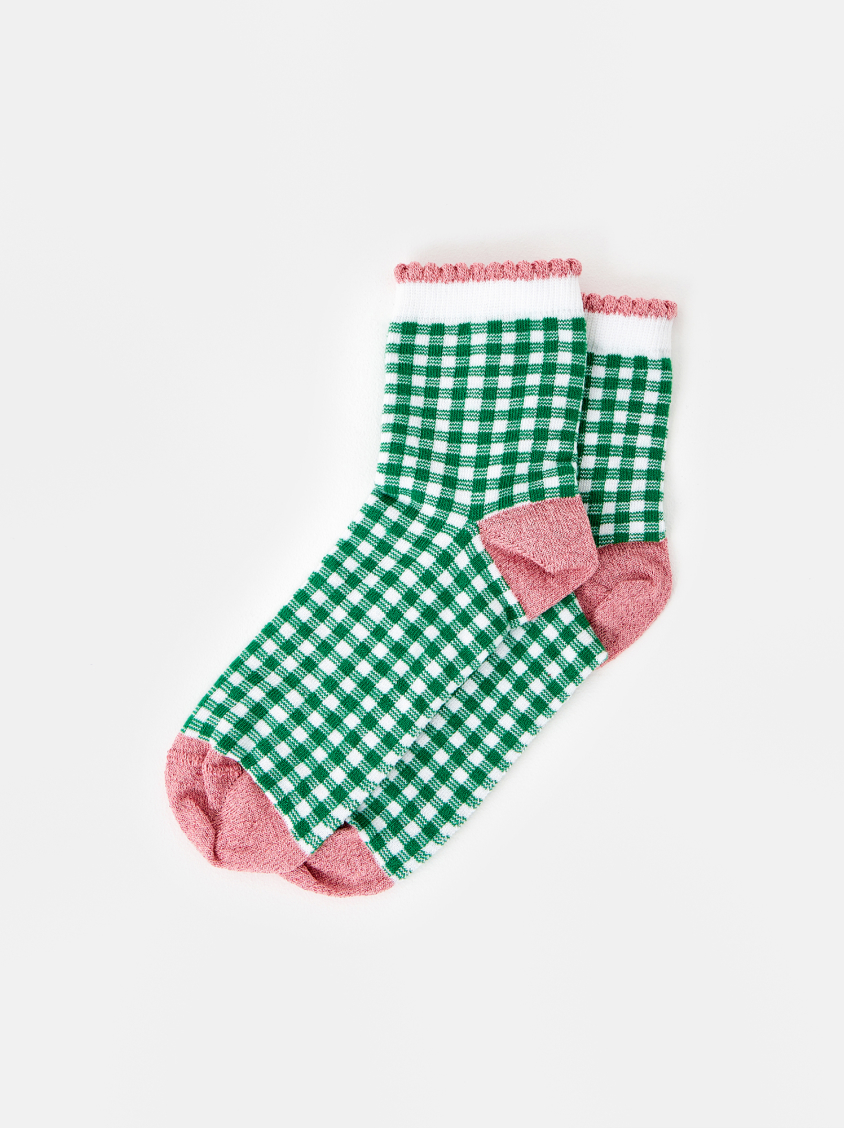 Pink & Green Gingham Ankle Socks