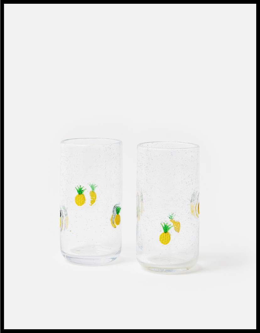 Pineapple Motif Clear Drinking Glasses Set of Two