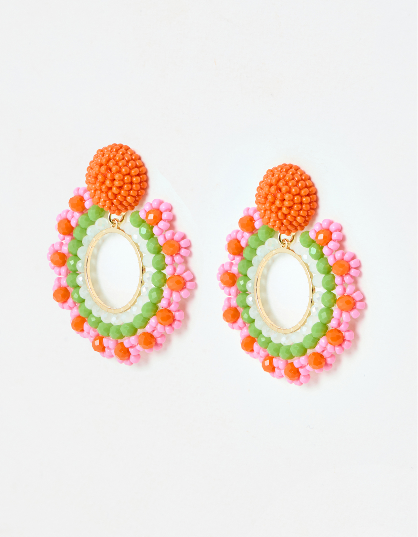 Aimee Pink & Green Beaded Flower Statement Earrings