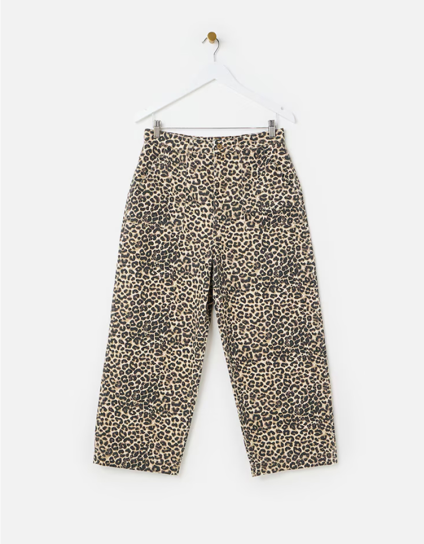 Leopard Print Scalloped Pocket Cropped Wide Leg Jeans