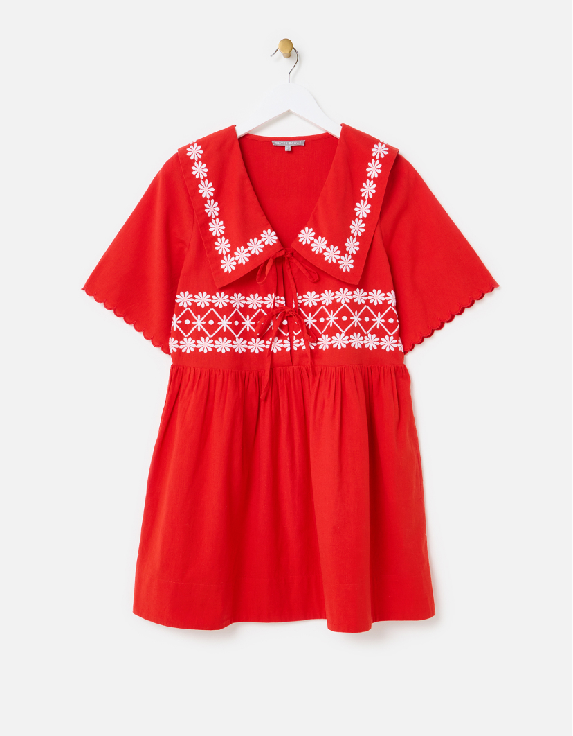 Red Daisy Embroidered Short Sleeve Collar Mini Dress