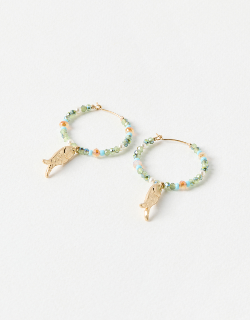 Doris Fish Charm Green Beaded Hoop Earrings