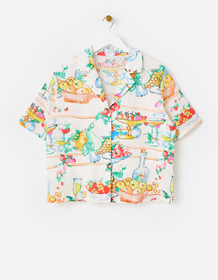 White Floral Embroidered Fruit Print Short Sleeve Shirt